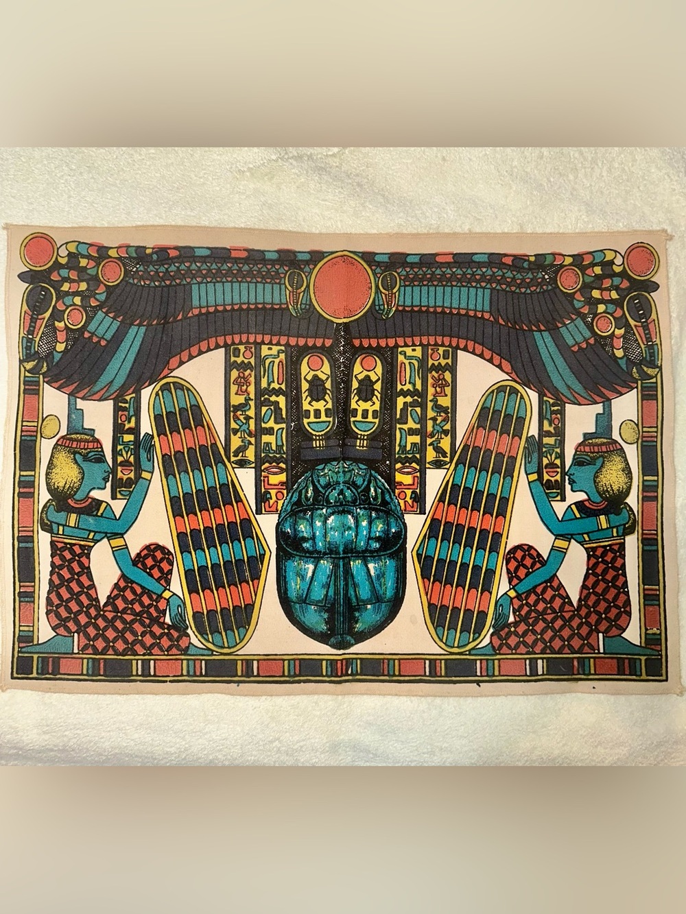 VTG  Egyptian Revival Scarab Isis Canvas Wall Hanging Art 17x25 70s Screen Print